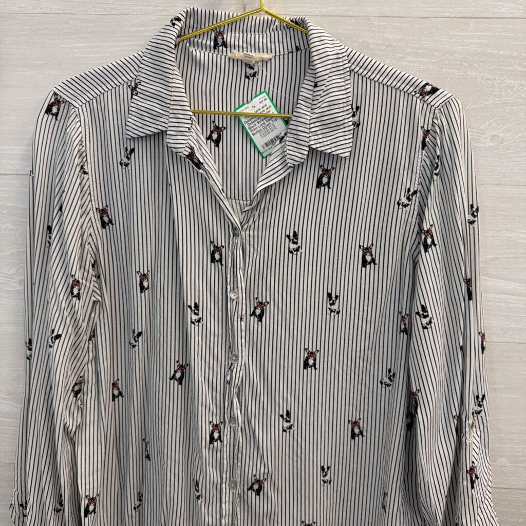 Jane and Delancey White/ Black Striped Dog Print Long Sleeve Button Down Top Large