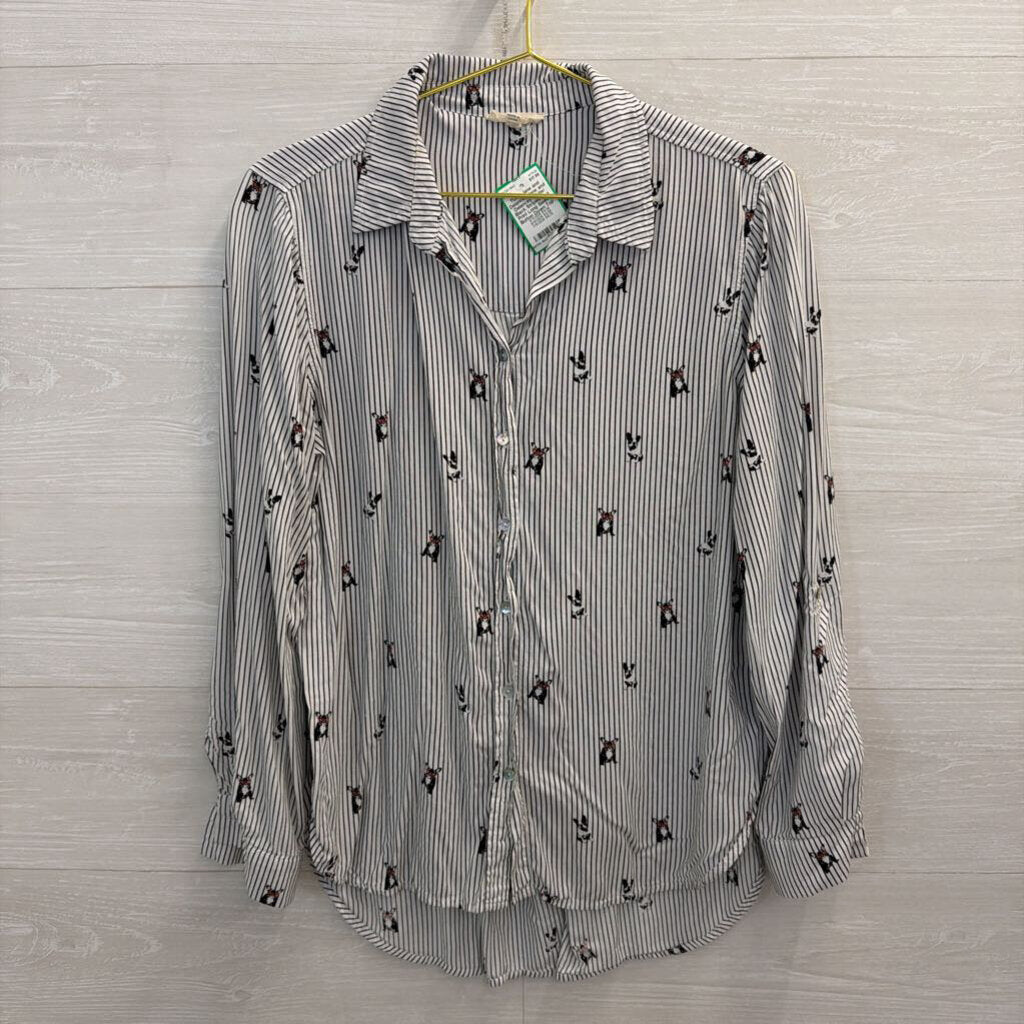 Jane and Delancey White/ Black Striped Dog Print Long Sleeve Button Down Top Large