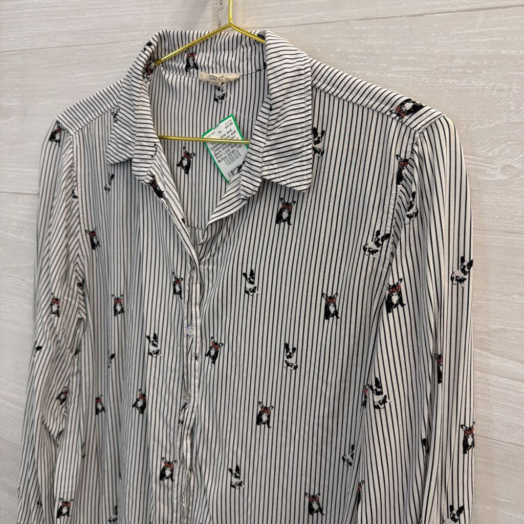 Jane and Delancey White/ Black Striped Dog Print Long Sleeve Button Down Top Large