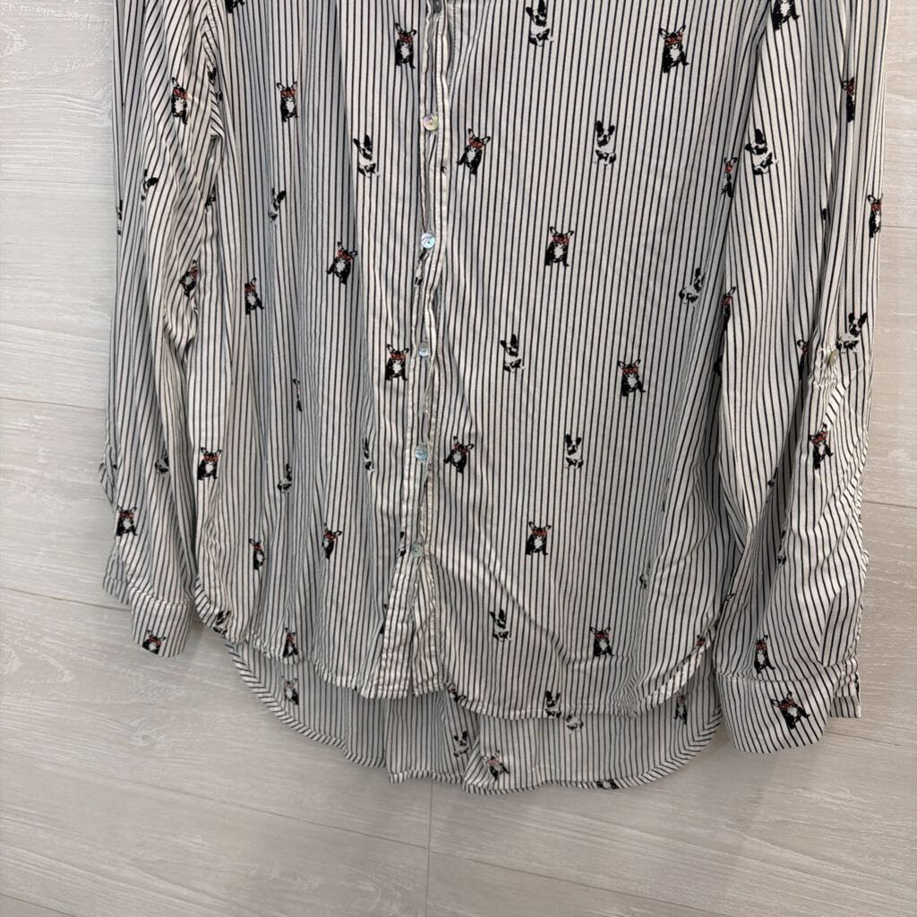 Jane and Delancey White/ Black Striped Dog Print Long Sleeve Button Down Top Large