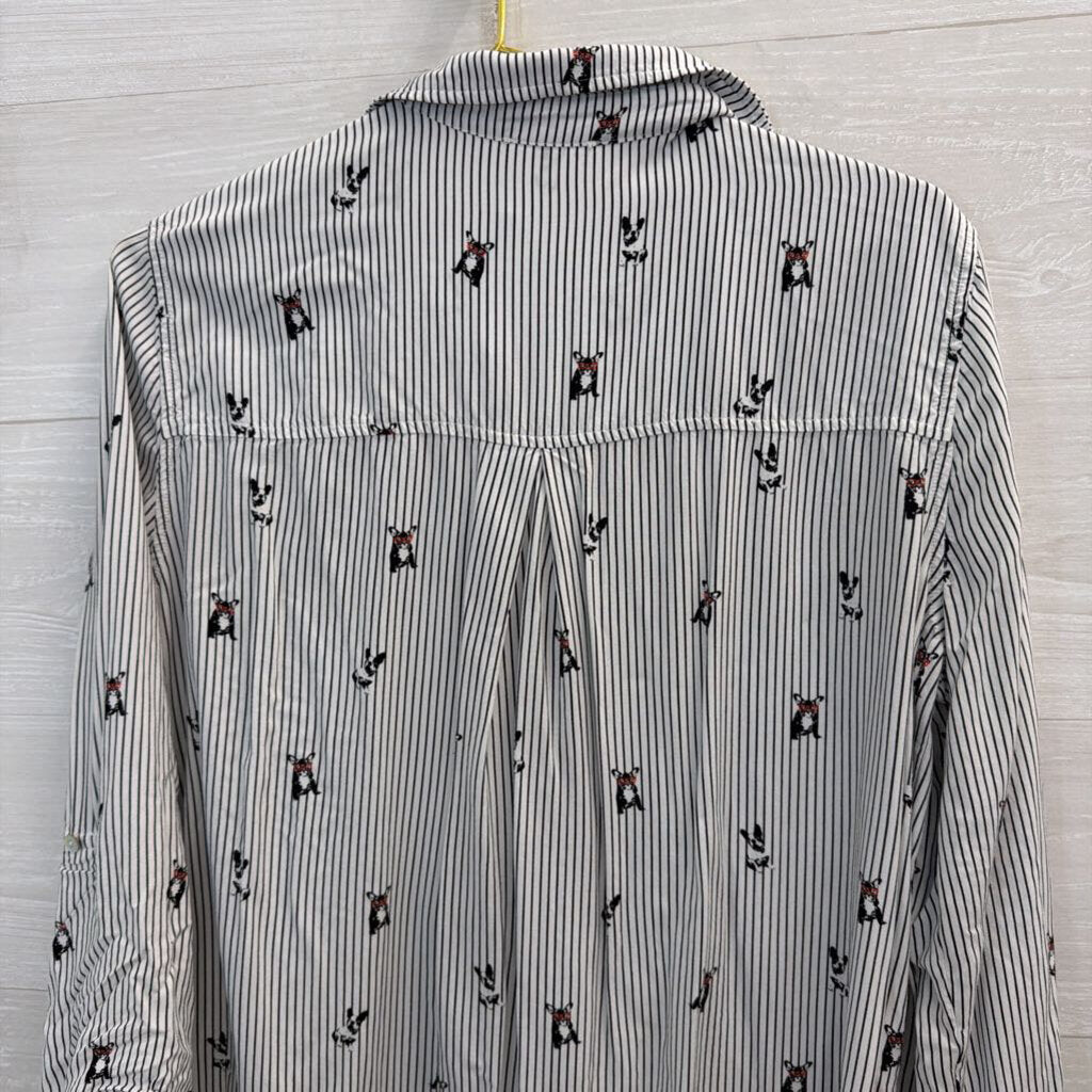 Jane and Delancey White/ Black Striped Dog Print Long Sleeve Button Down Top Large