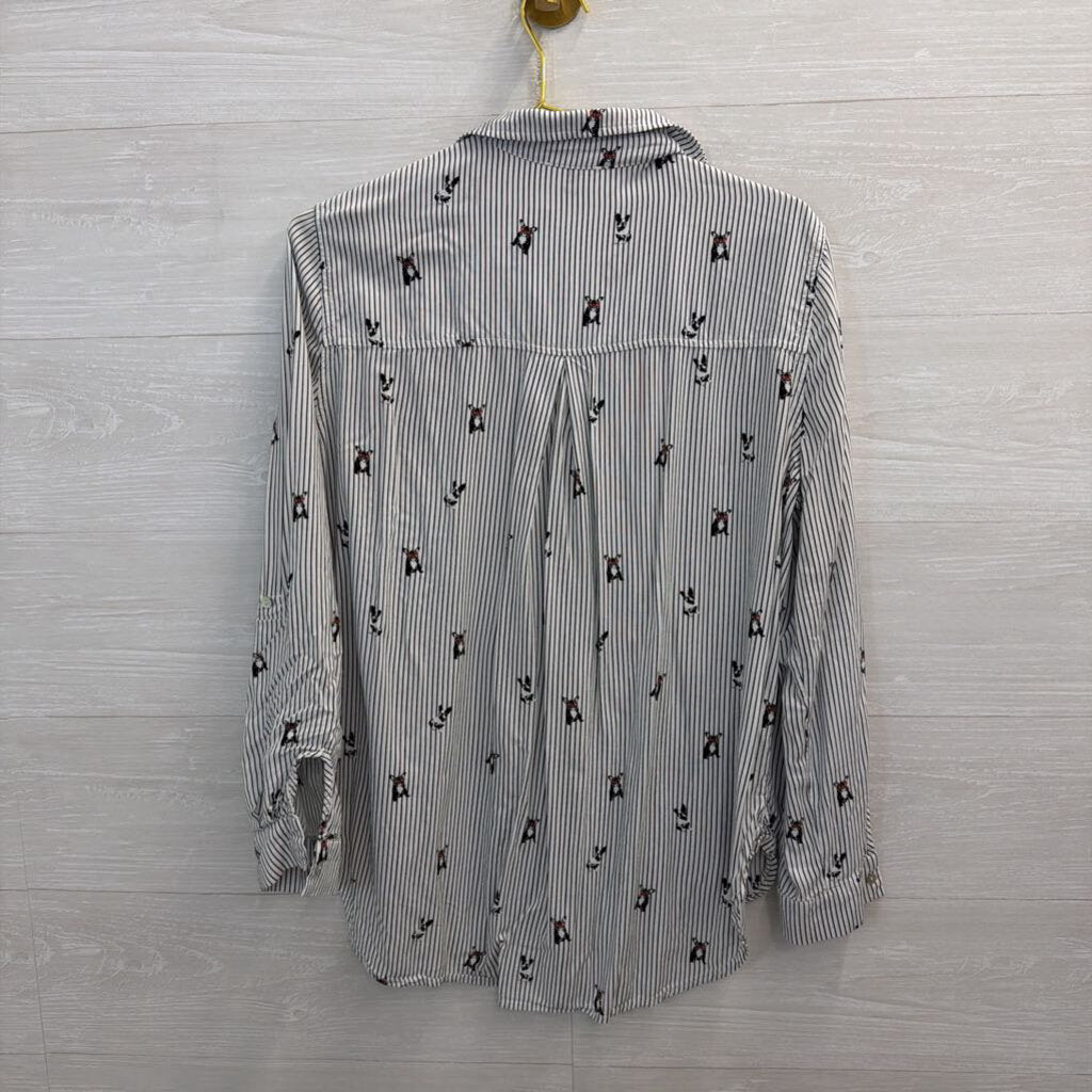 Jane and Delancey White/ Black Striped Dog Print Long Sleeve Button Down Top Large
