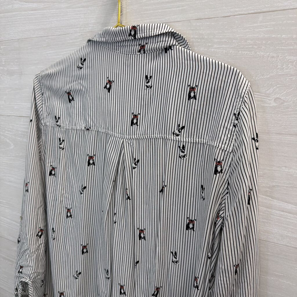 Jane and Delancey White/ Black Striped Dog Print Long Sleeve Button Down Top Large