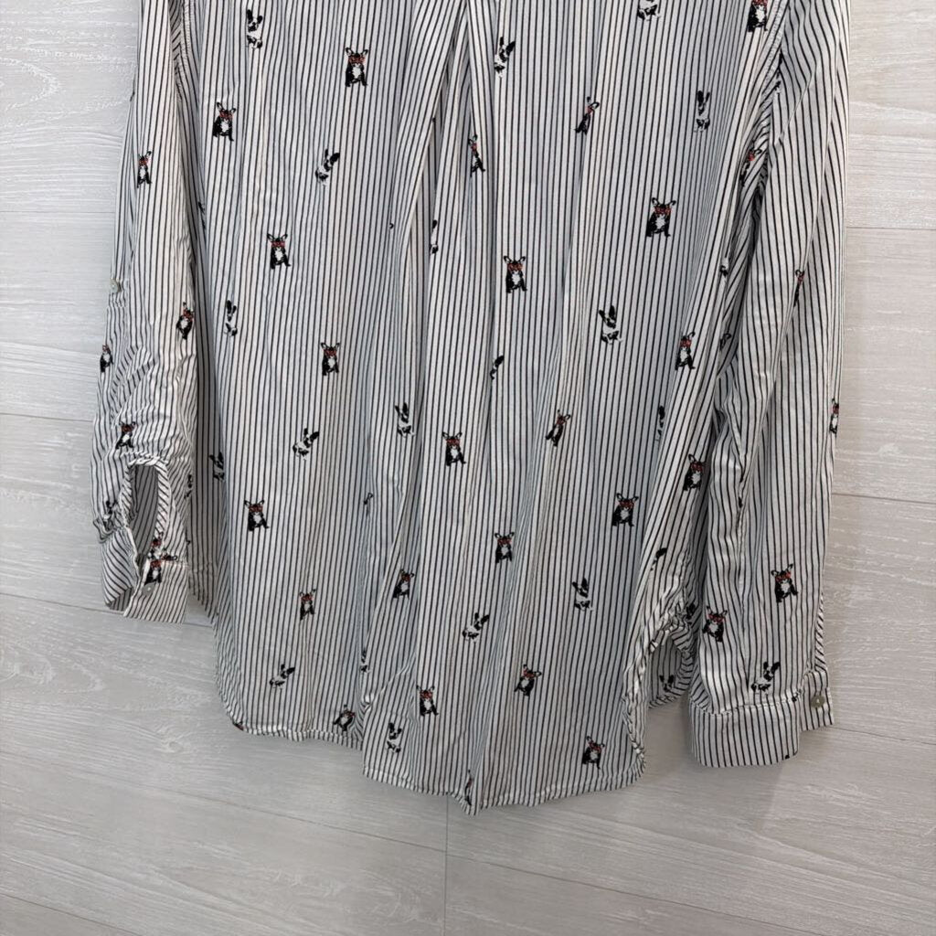 Jane and Delancey White/ Black Striped Dog Print Long Sleeve Button Down Top Large