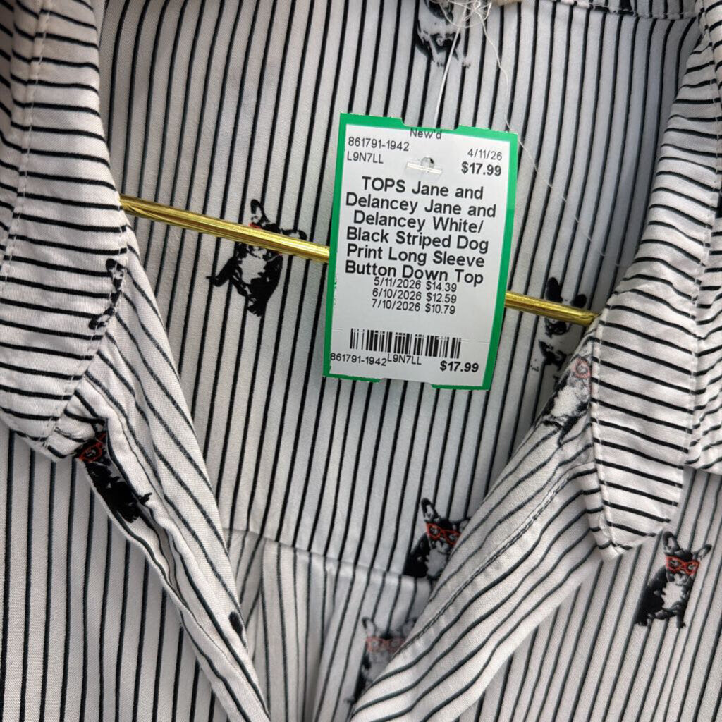 Jane and Delancey White/ Black Striped Dog Print Long Sleeve Button Down Top Large