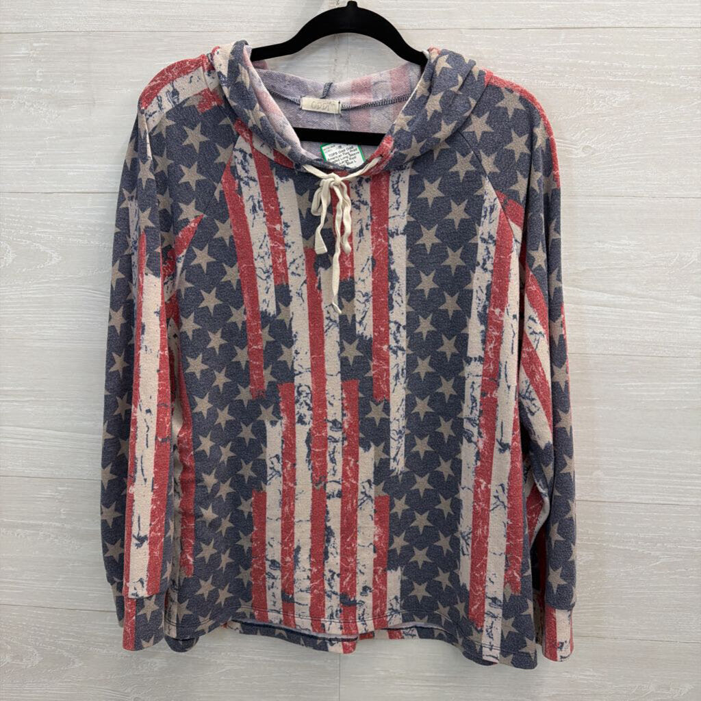 Oddi American Flag Print Hooded Long Sleeve Top Large