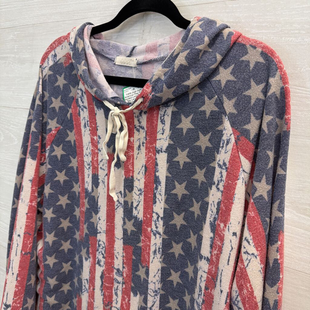 Oddi American Flag Print Hooded Long Sleeve Top Large