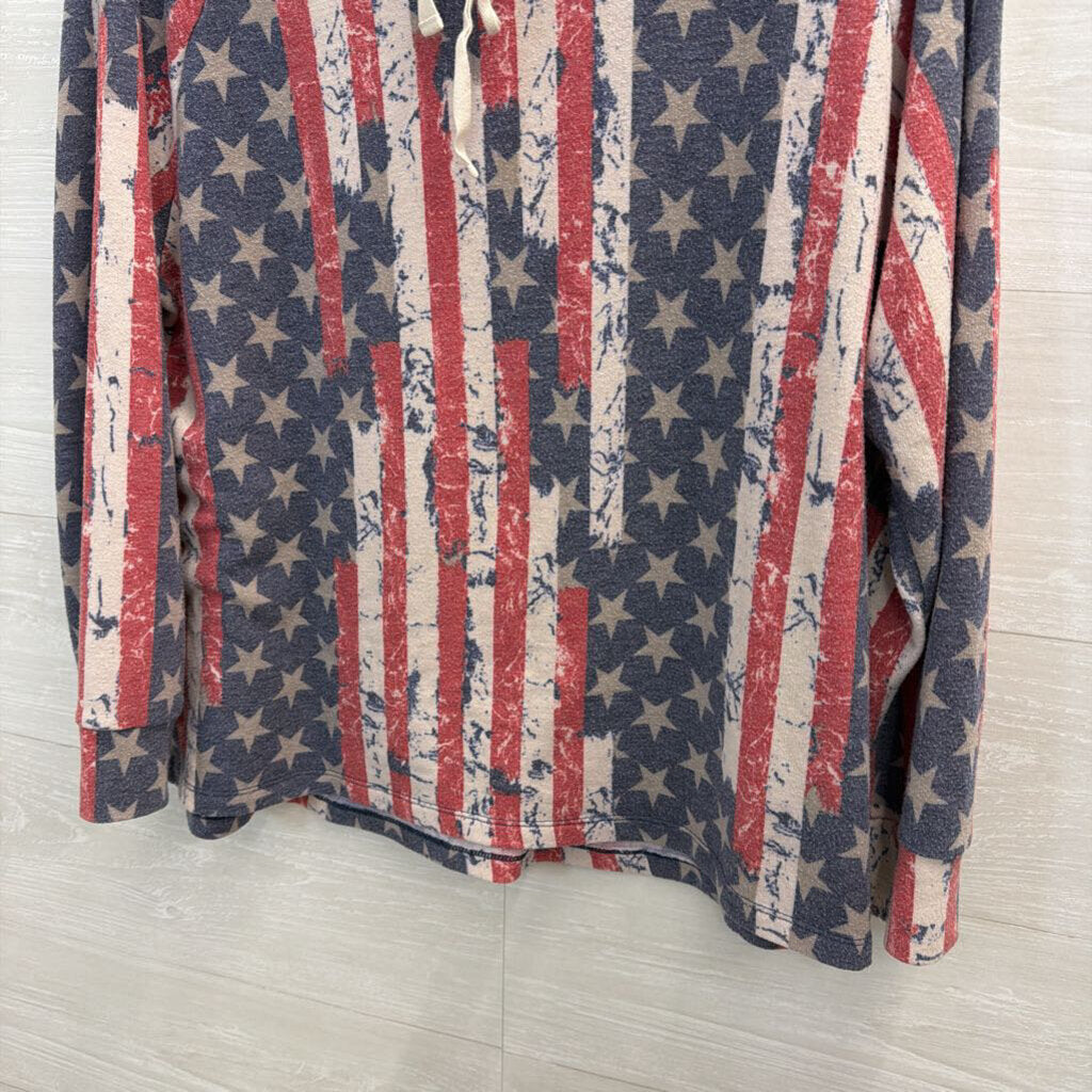 Oddi American Flag Print Hooded Long Sleeve Top Large