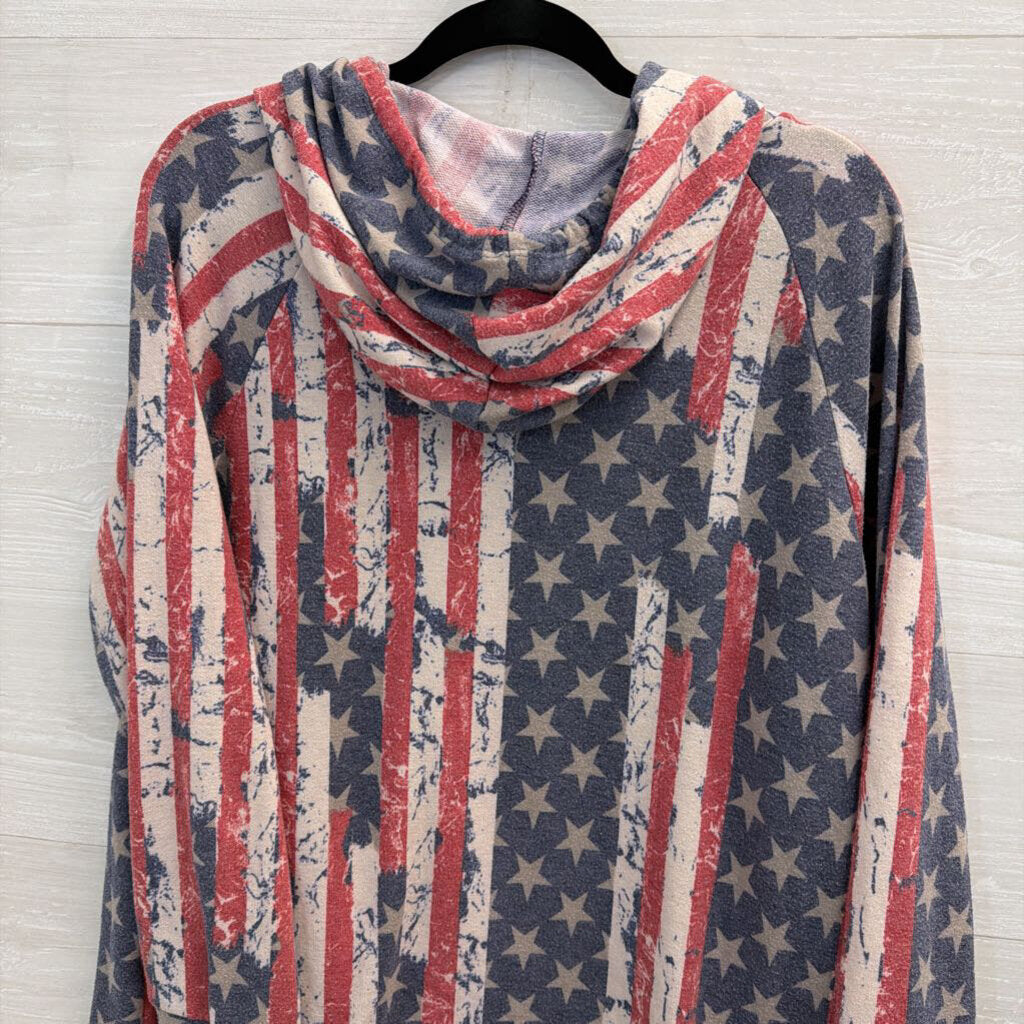 Oddi American Flag Print Hooded Long Sleeve Top Large