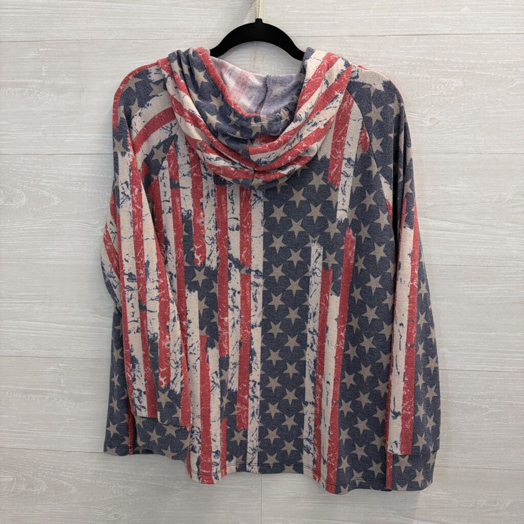 Oddi American Flag Print Hooded Long Sleeve Top Large