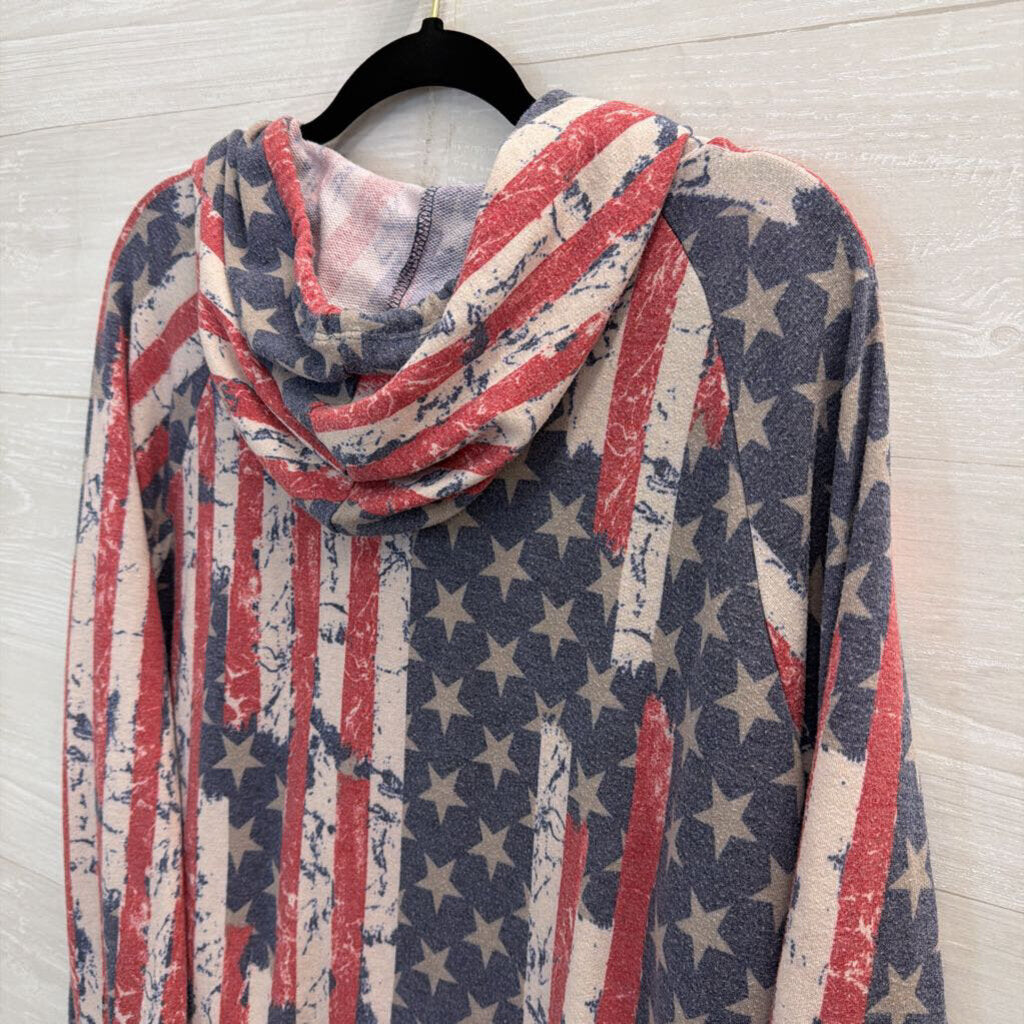 Oddi American Flag Print Hooded Long Sleeve Top Large