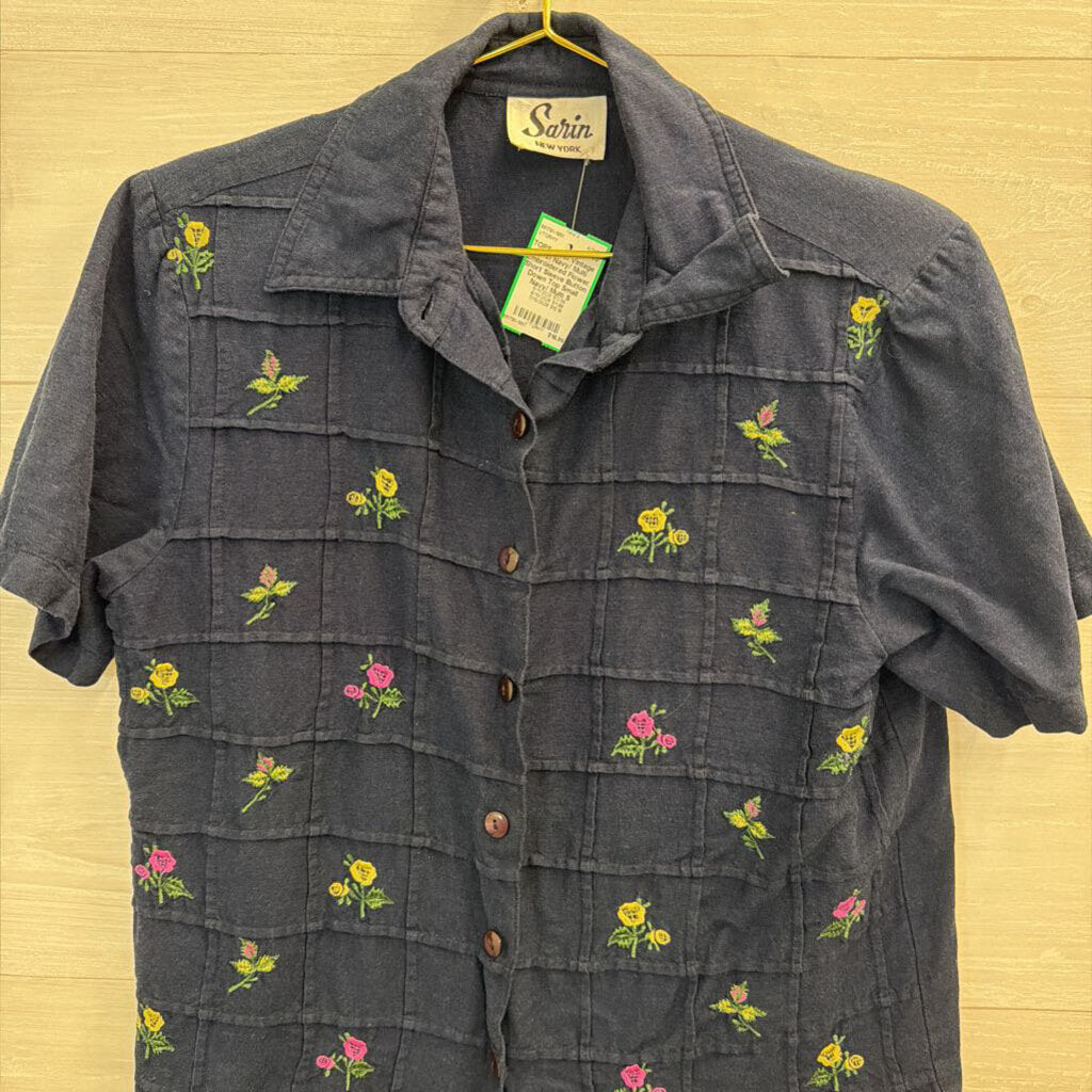 Vintage Sarin Navy/ Multi Embroidered Flower Short Sleeve Button Down Top Small