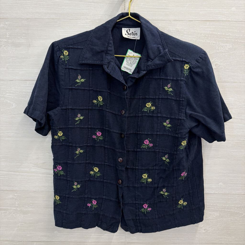 Vintage Sarin Navy/ Multi Embroidered Flower Short Sleeve Button Down Top Small