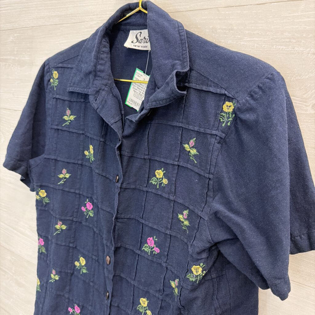 Vintage Sarin Navy/ Multi Embroidered Flower Short Sleeve Button Down Top Small