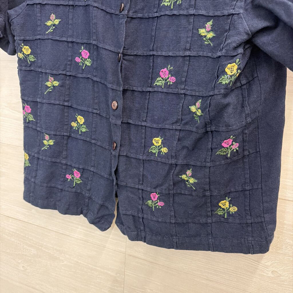 Vintage Sarin Navy/ Multi Embroidered Flower Short Sleeve Button Down Top Small