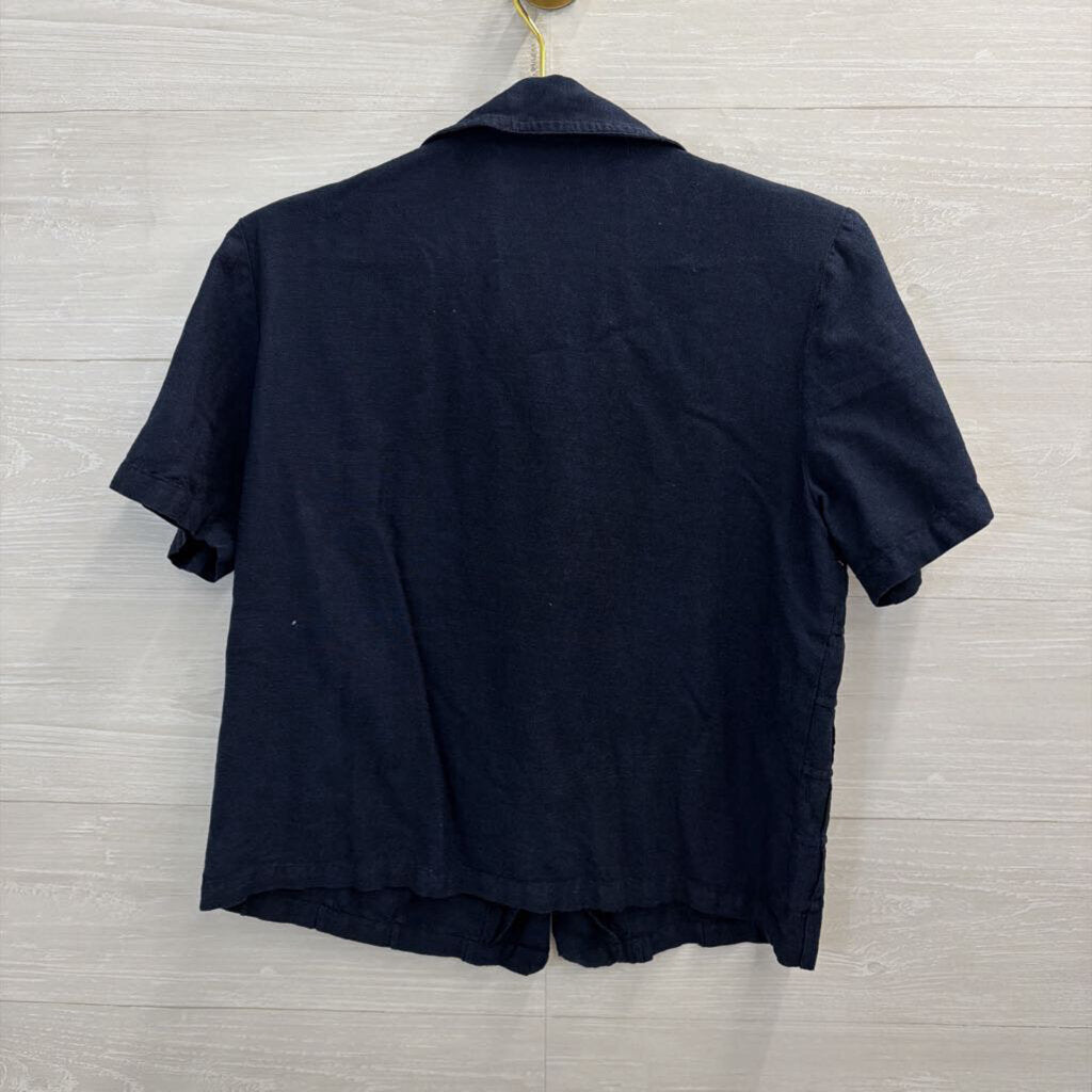 Vintage Sarin Navy/ Multi Embroidered Flower Short Sleeve Button Down Top Small