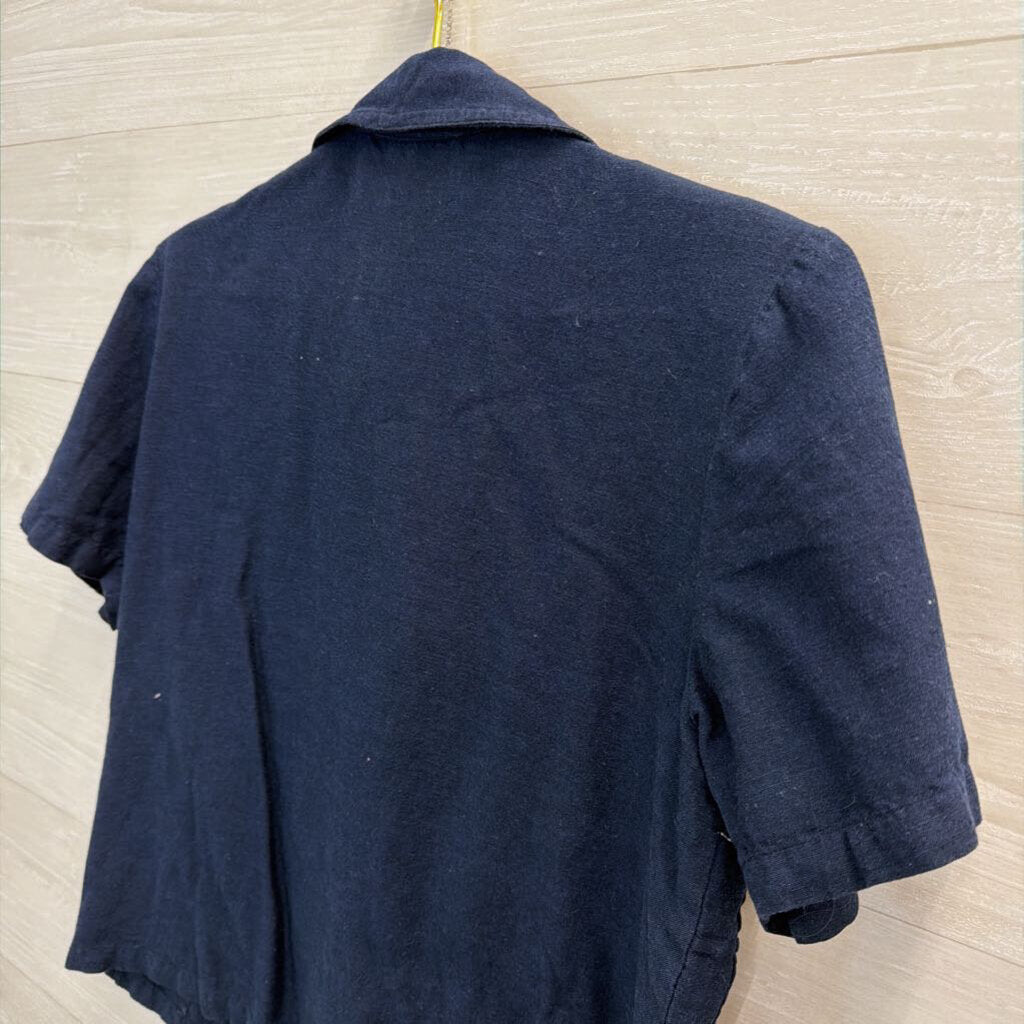 Vintage Sarin Navy/ Multi Embroidered Flower Short Sleeve Button Down Top Small