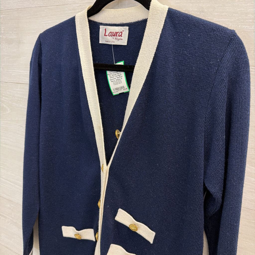 Vintage Laura by Alyzia Navy/ White Cardigan Sweater Medium