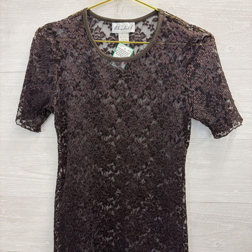 Vintage Elizabeth Brown Sheer Lace Short Sleeve Dress 6 Petite