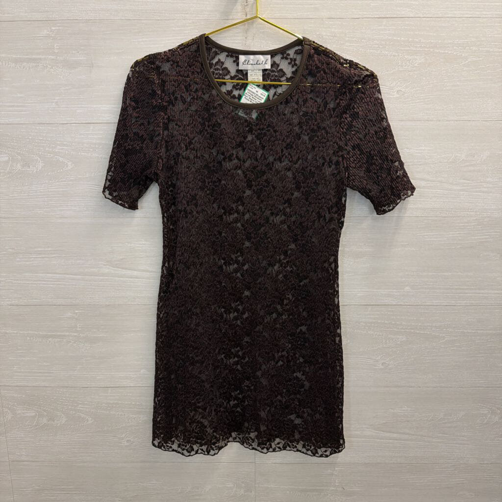 Vintage Elizabeth Brown Sheer Lace Short Sleeve Dress 6 Petite