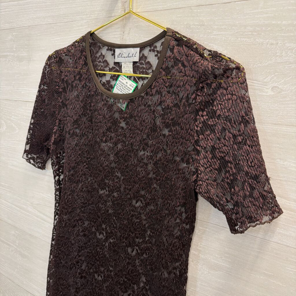 Vintage Elizabeth Brown Sheer Lace Short Sleeve Dress 6 Petite