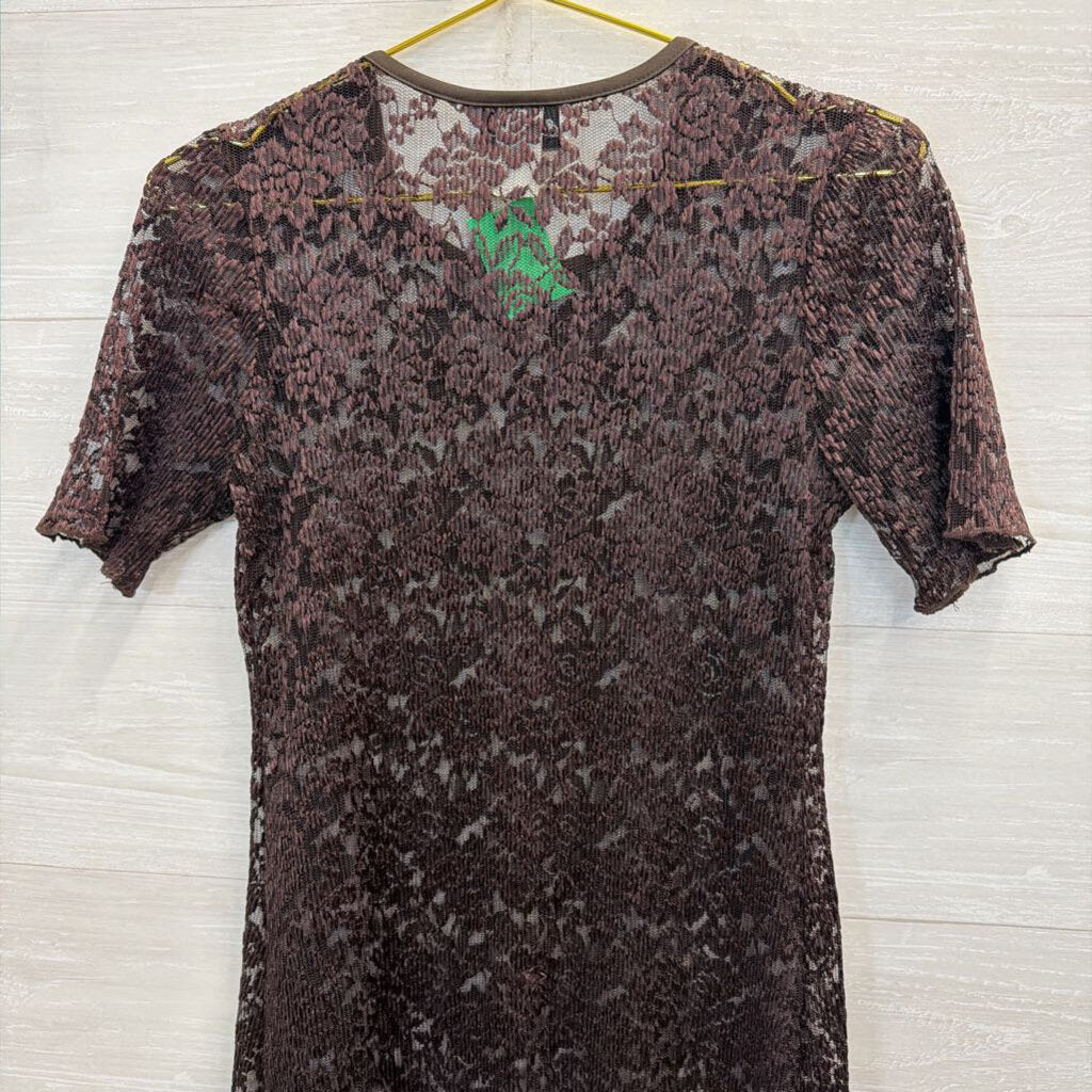 Vintage Elizabeth Brown Sheer Lace Short Sleeve Dress 6 Petite