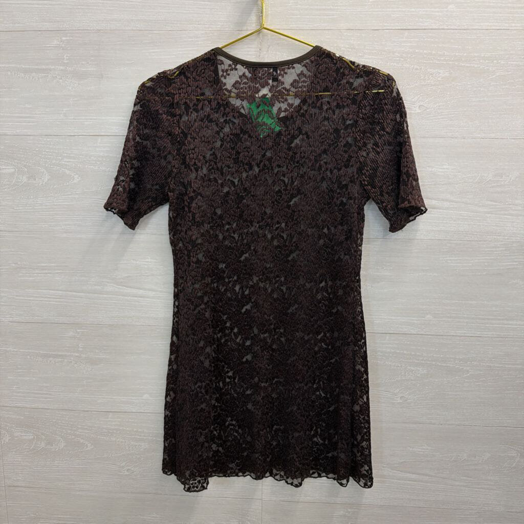 Vintage Elizabeth Brown Sheer Lace Short Sleeve Dress 6 Petite