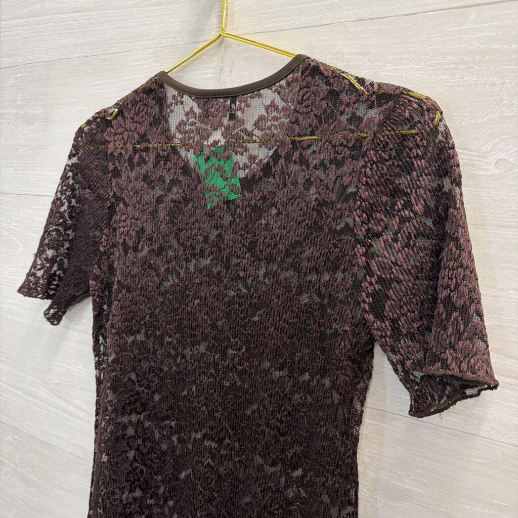 Vintage Elizabeth Brown Sheer Lace Short Sleeve Dress 6 Petite