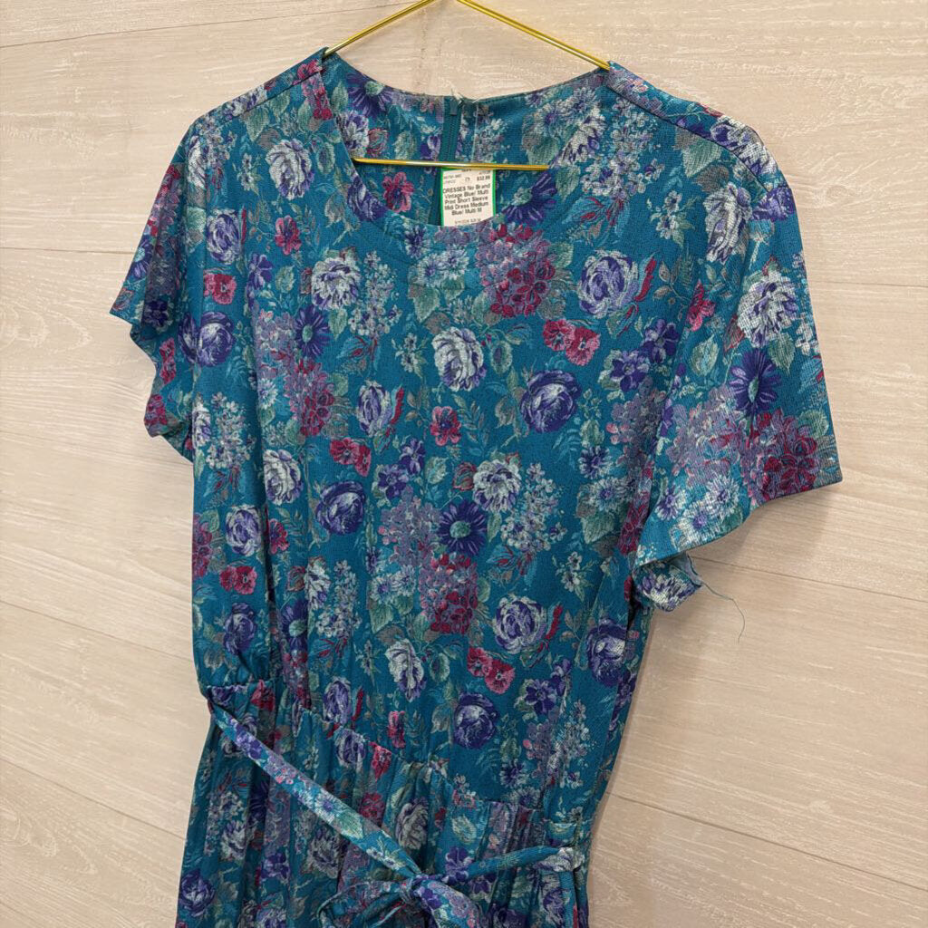 Vintage Blue/ Multi Print Short Sleeve Midi Dress Medium
