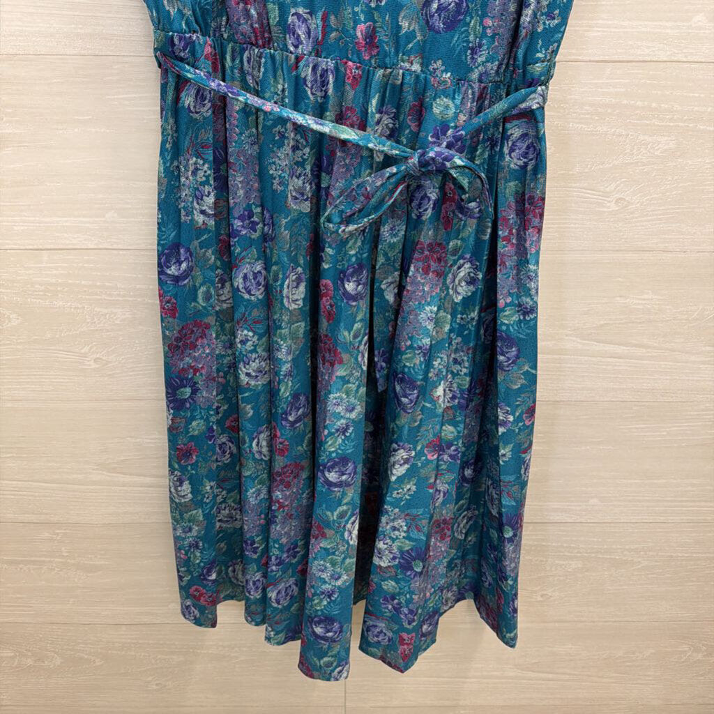 Vintage Blue/ Multi Print Short Sleeve Midi Dress Medium
