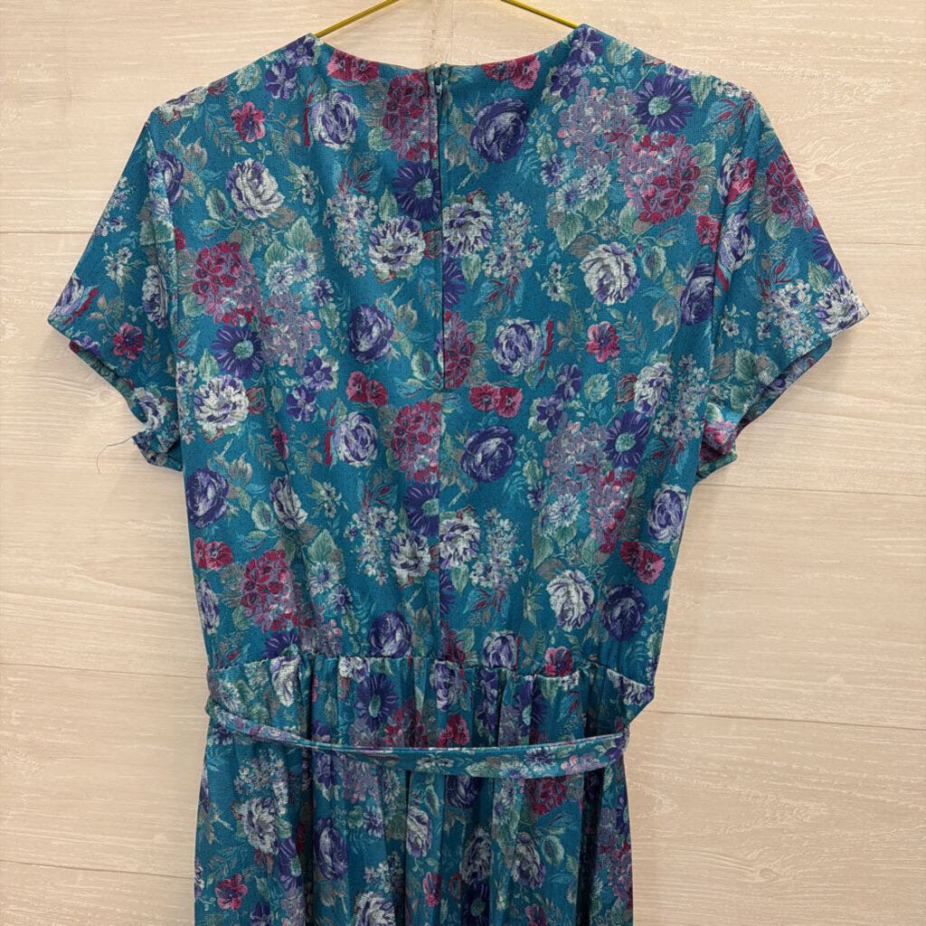 Vintage Blue/ Multi Print Short Sleeve Midi Dress Medium