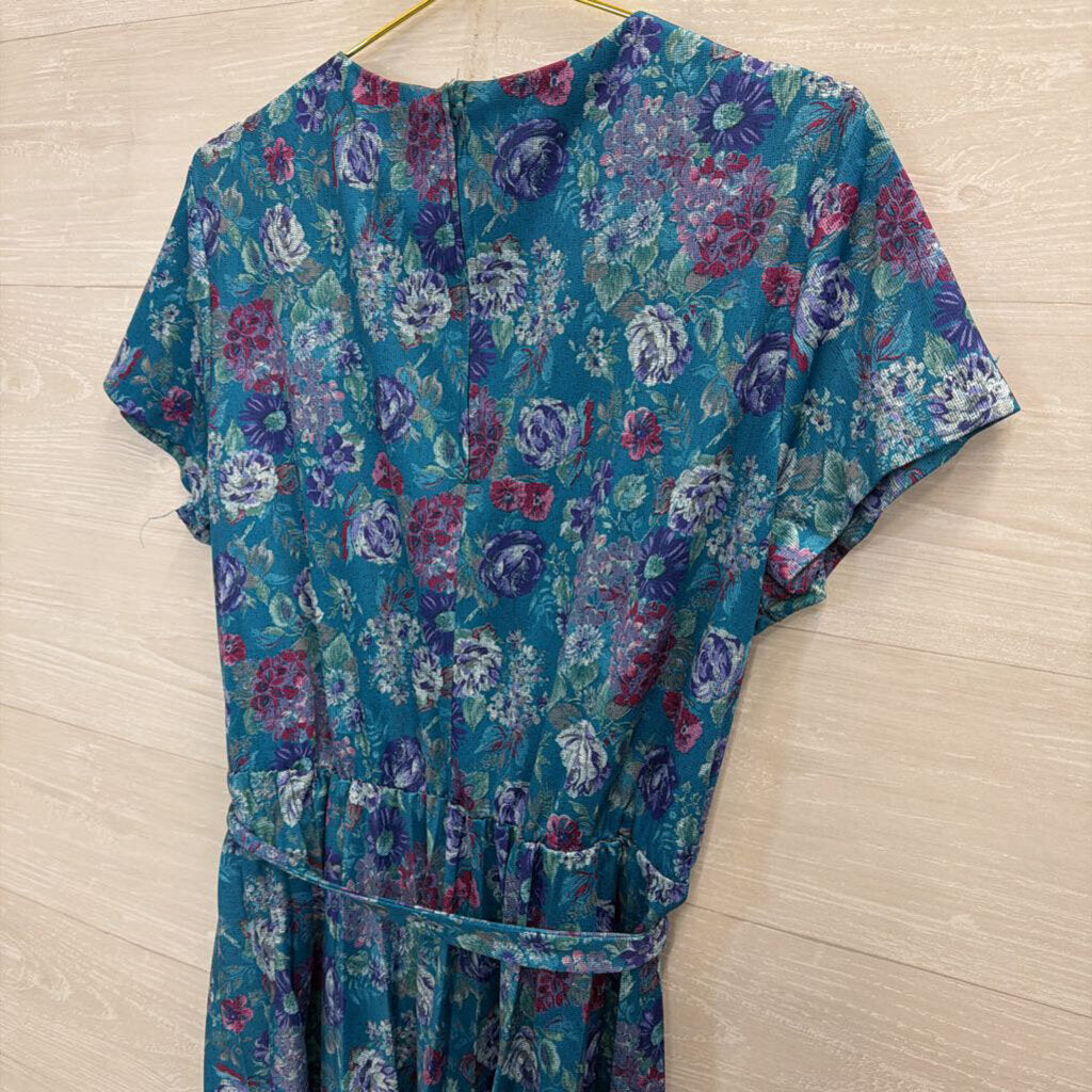 Vintage Blue/ Multi Print Short Sleeve Midi Dress Medium