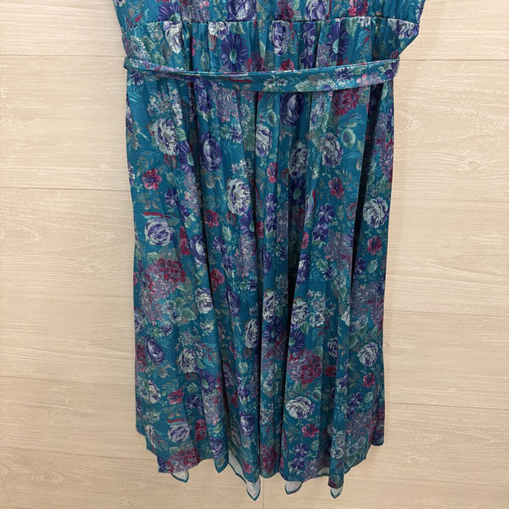 Vintage Blue/ Multi Print Short Sleeve Midi Dress Medium