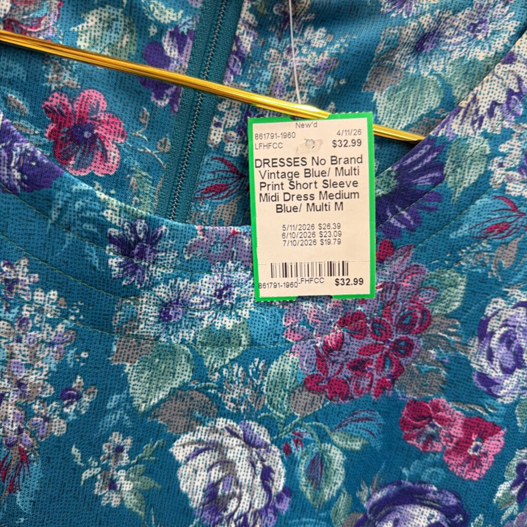 Vintage Blue/ Multi Print Short Sleeve Midi Dress Medium