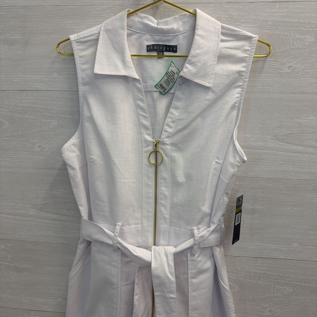 Sharagano White Sleeveless Zip Front Tie Waist Dress 14
