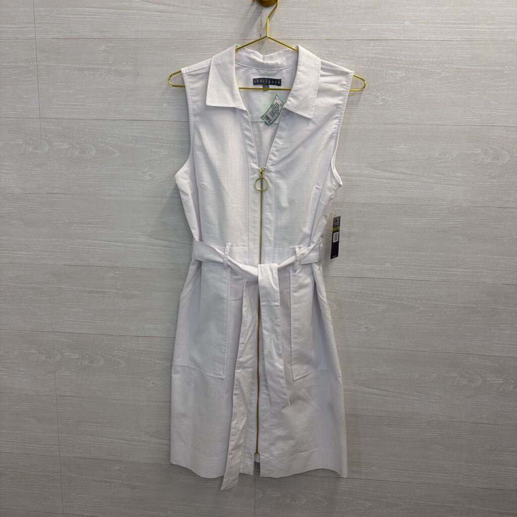 Sharagano White Sleeveless Zip Front Tie Waist Dress 14