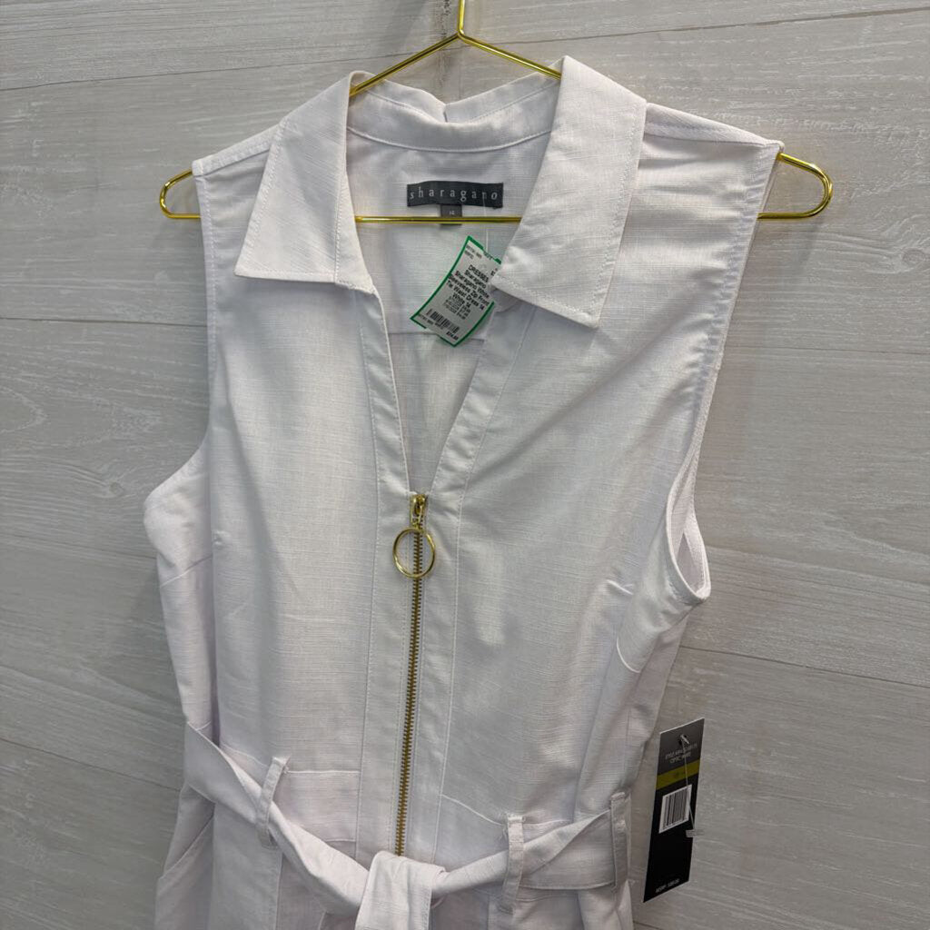 Sharagano White Sleeveless Zip Front Tie Waist Dress 14