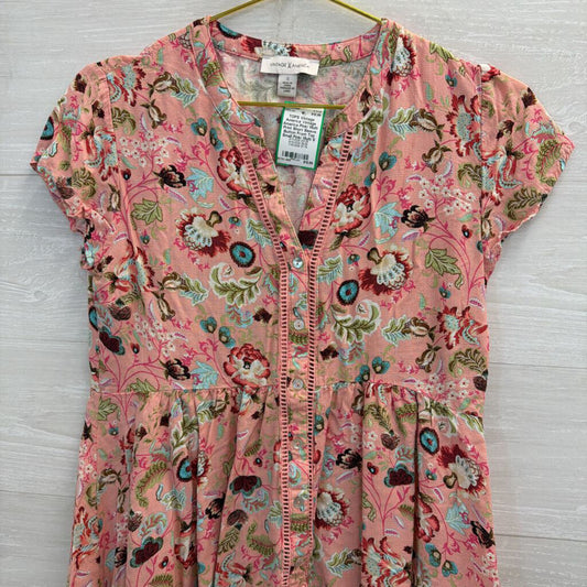 Vintage America Pink/ Multi Print Short Sleeve Button Front Top Small