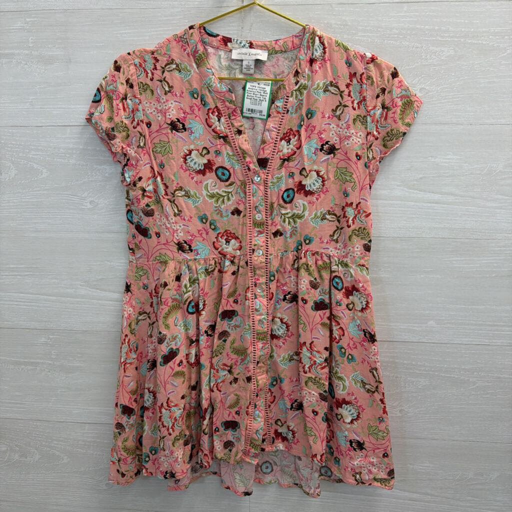 Vintage America Pink/ Multi Print Short Sleeve Button Front Top Small