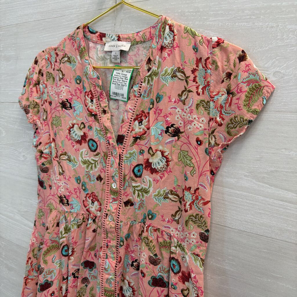 Vintage America Pink/ Multi Print Short Sleeve Button Front Top Small