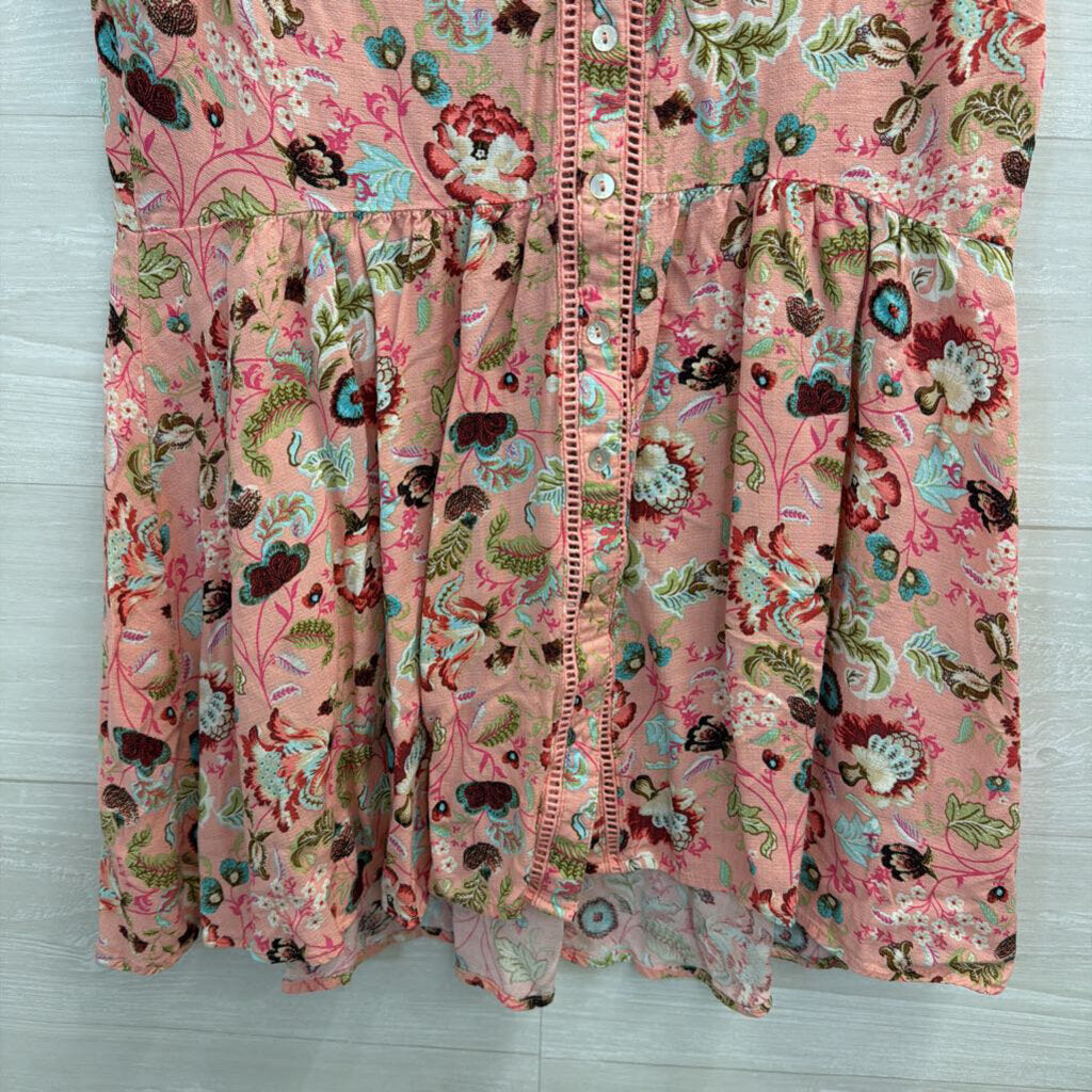 Vintage America Pink/ Multi Print Short Sleeve Button Front Top Small