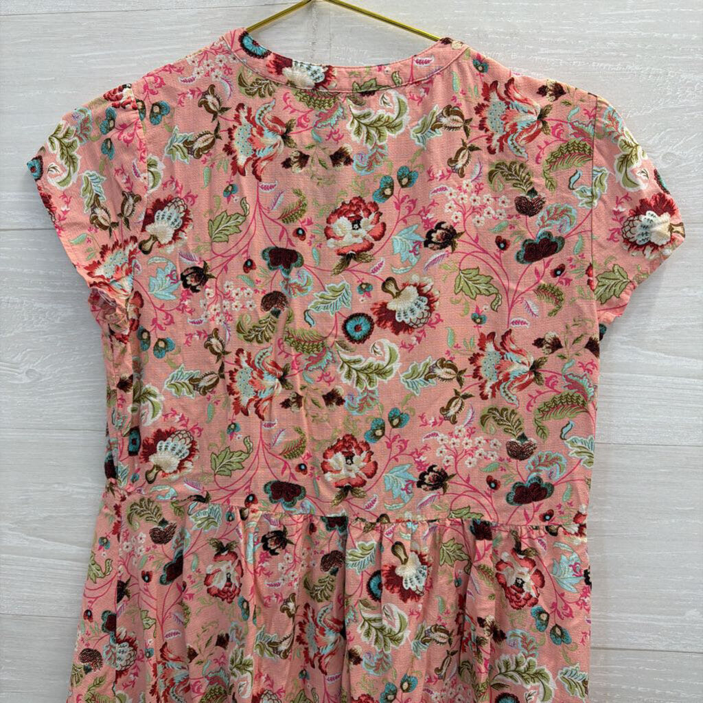 Vintage America Pink/ Multi Print Short Sleeve Button Front Top Small