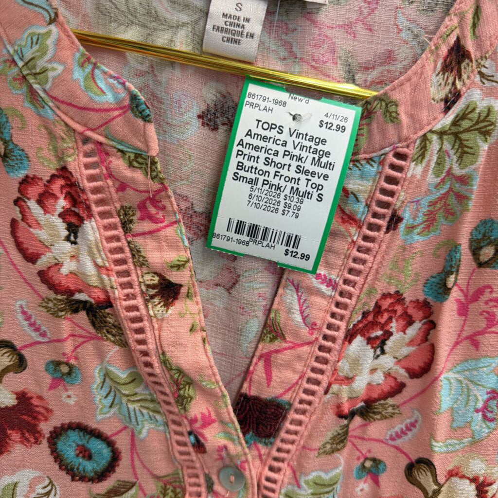 Vintage America Pink/ Multi Print Short Sleeve Button Front Top Small
