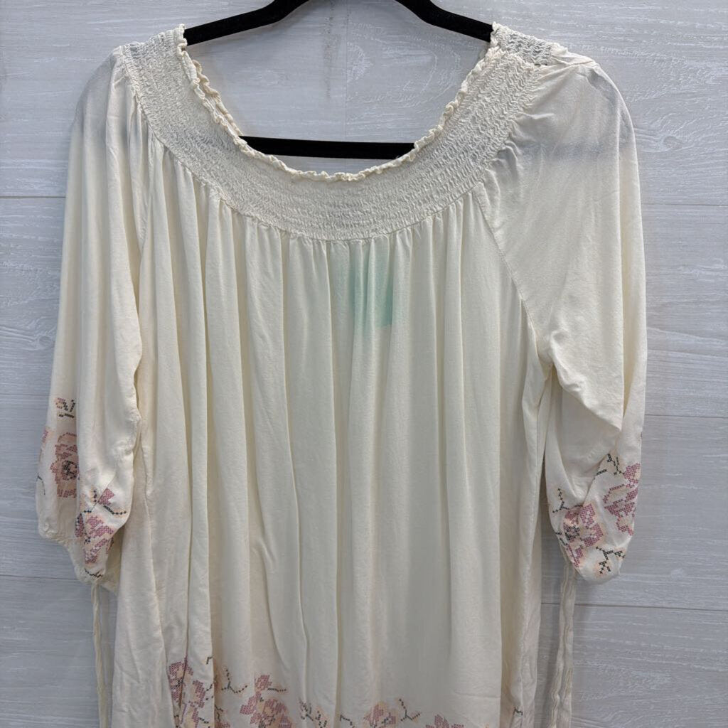 One World Cream/ Pink Print Long Sleeve Off Shoulder Top Extra Large