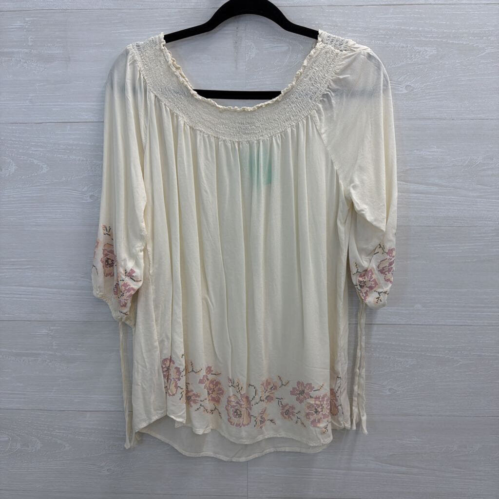 One World Cream/ Pink Print Long Sleeve Off Shoulder Top Extra Large