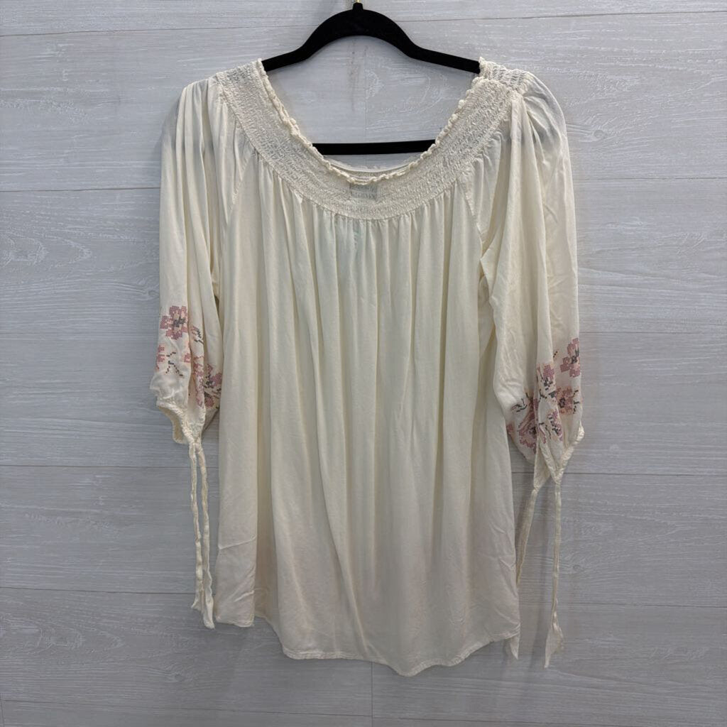 One World Cream/ Pink Print Long Sleeve Off Shoulder Top Extra Large
