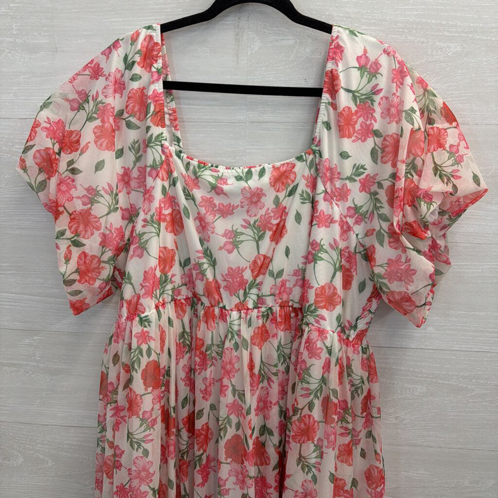 Polagram White/ Pink Floral Print Short Puff Sleeve Maxi Dress 3XL