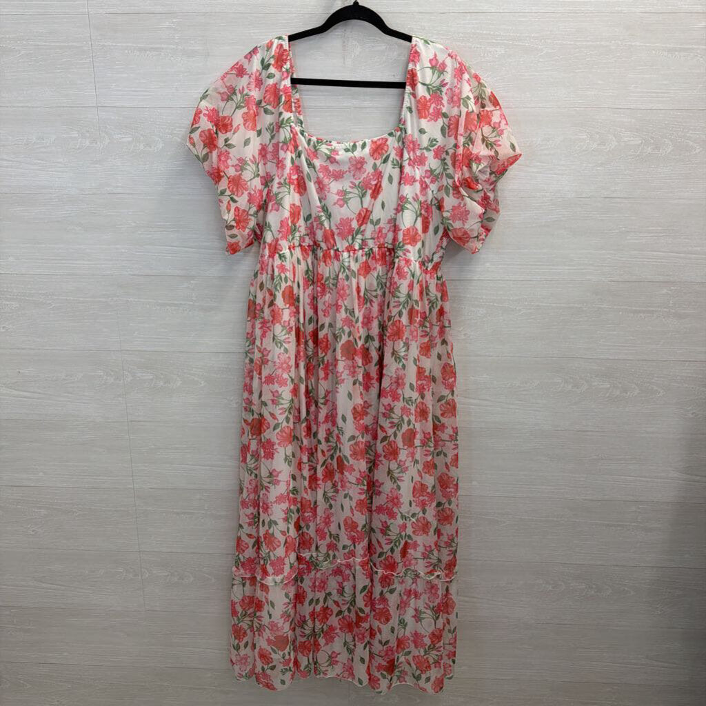 Polagram White/ Pink Floral Print Short Puff Sleeve Maxi Dress 3XL