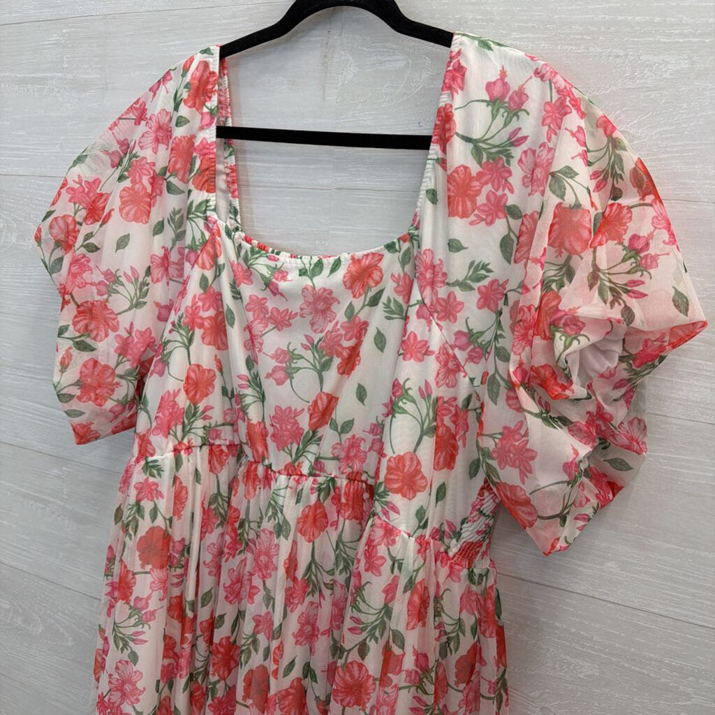 Polagram White/ Pink Floral Print Short Puff Sleeve Maxi Dress 3XL