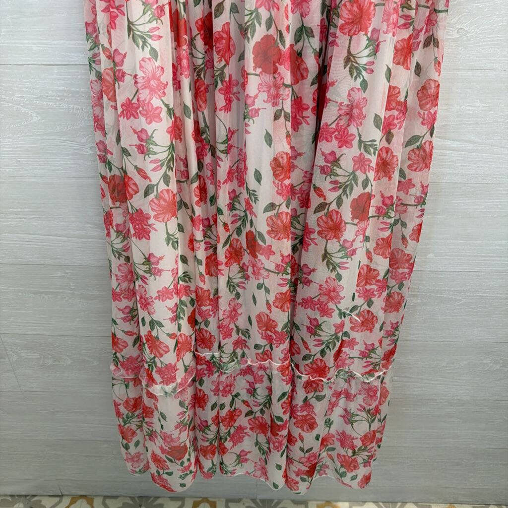 Polagram White/ Pink Floral Print Short Puff Sleeve Maxi Dress 3XL